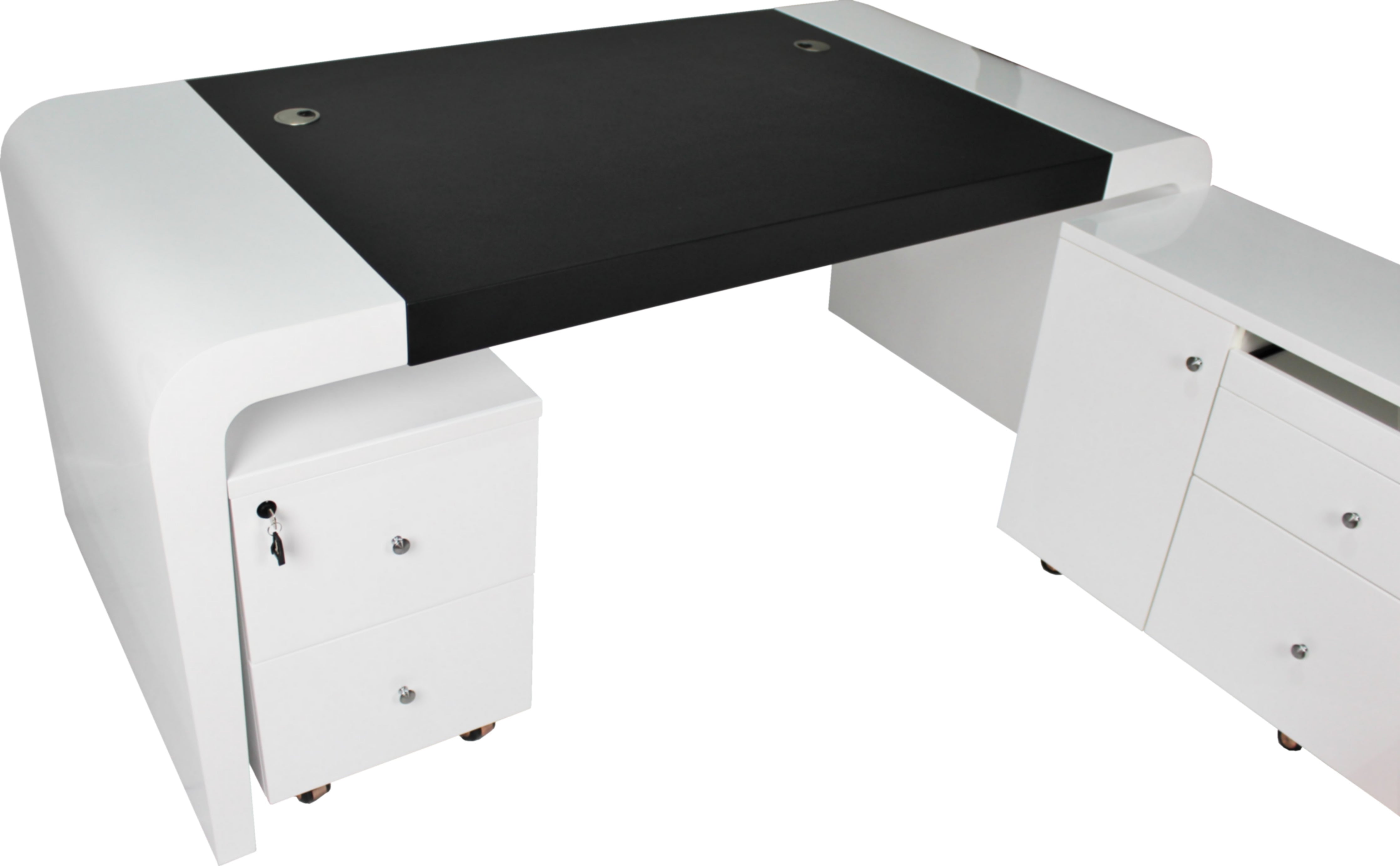 Prosparae T1381-1.8 Gloss White Executive Desk with Pedestal and Return